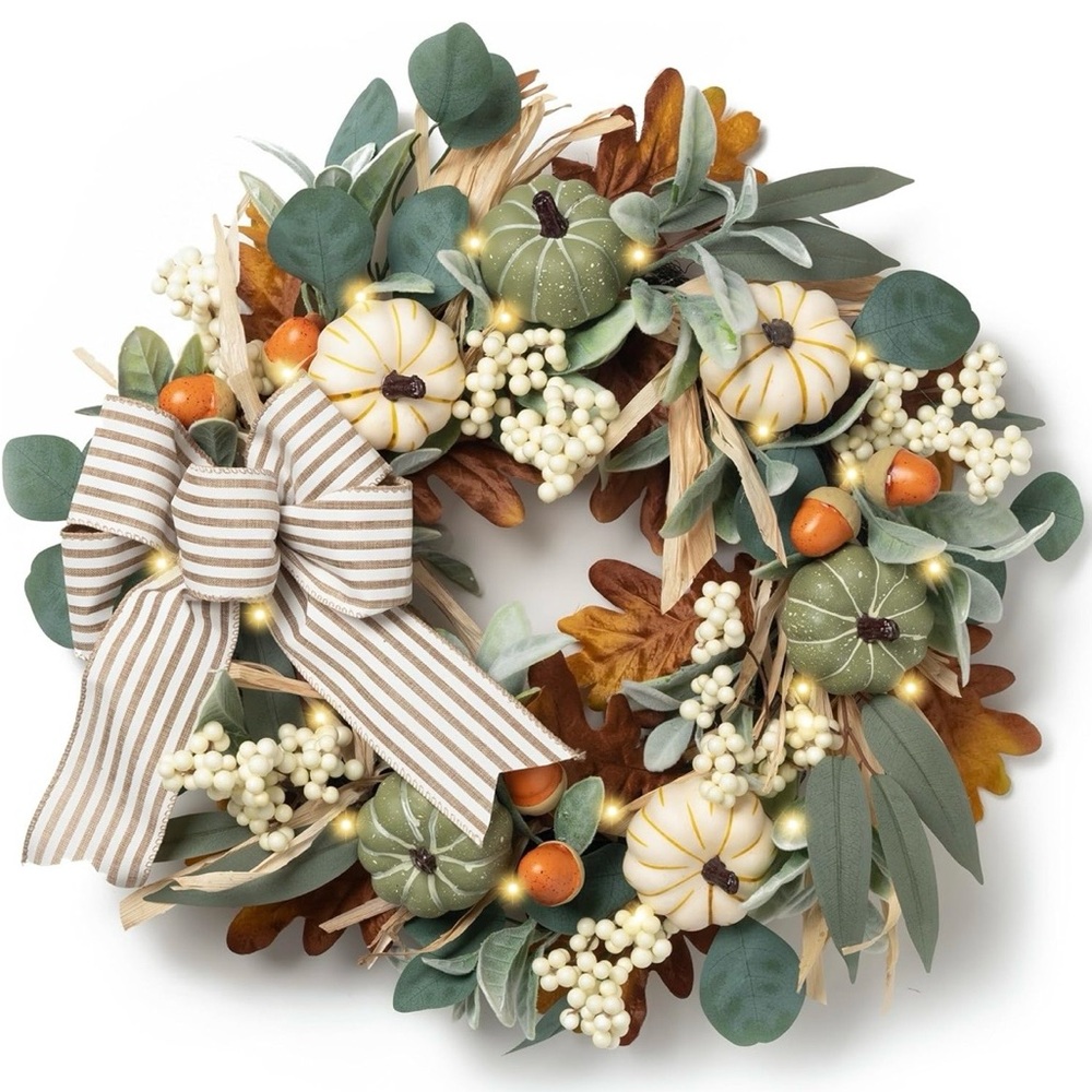 Valery Madelyn Fall Farmhouse Autumn Wreath Centerpiece with lights 12” across
F